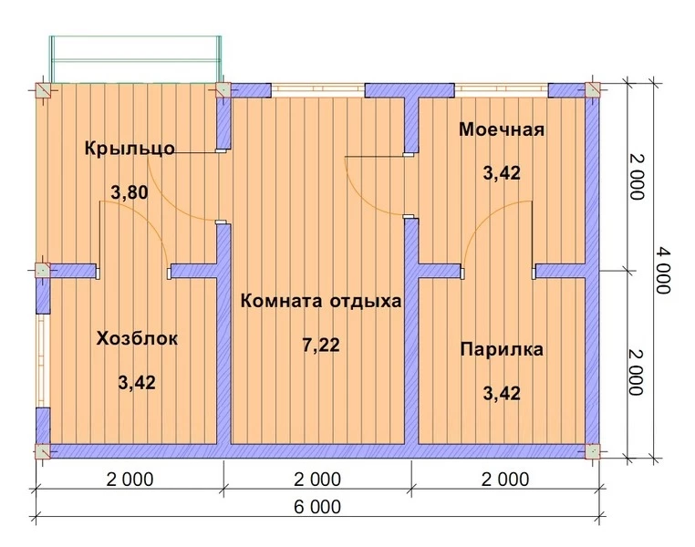 Планировка бани с хозблоком КРБ - 3411: Каркас, 17.48 м2 - в Новосибирске